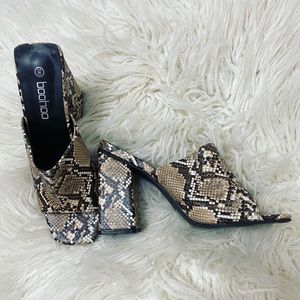Snakeskin mule block heels